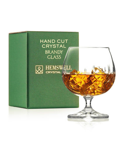 Hemswell Crystal single brandy snifter close-up, intricate cuts for elegant evening pours