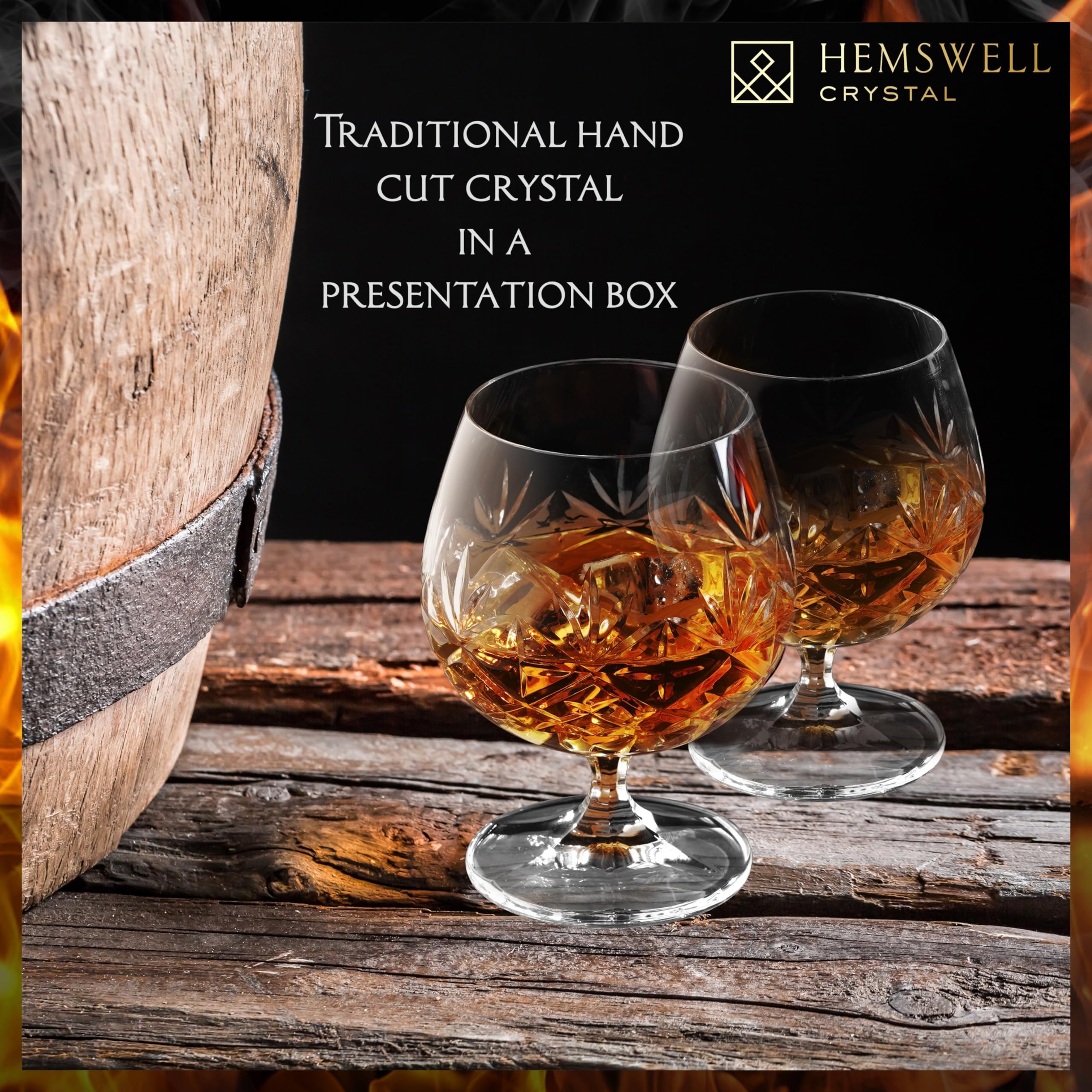 Hemswell Crystal snifter with tapered bowl enhances aroma.