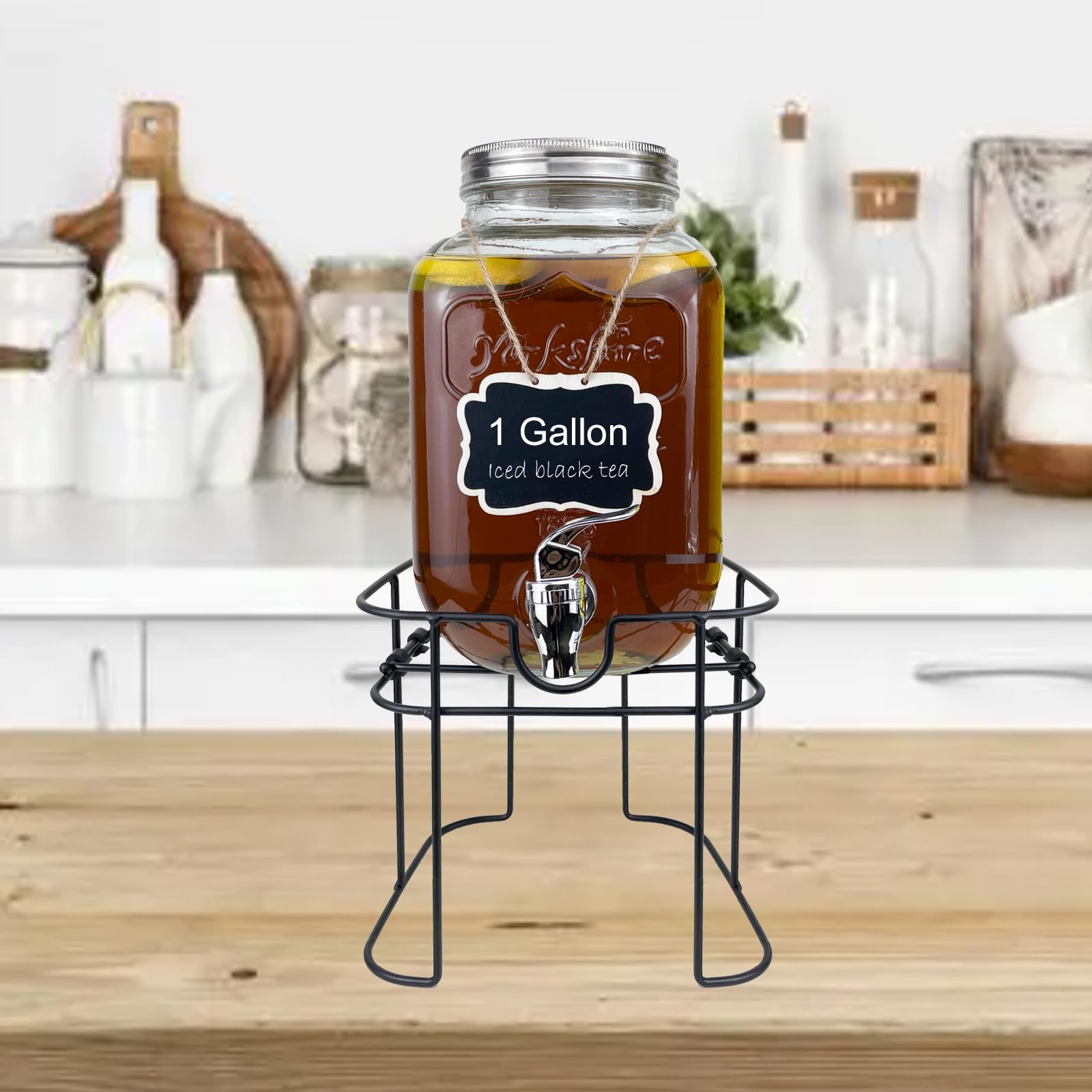 HENABLE glass drink dispenser with stainless steel cover mounted on a stand