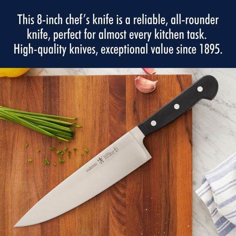 Henckels Classic 8-inch slicing knife edge close-up highlighting sharpness