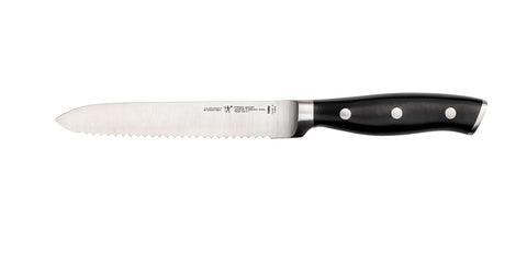HENCKELS Forged Accent 5-inch serrated utility knife blade designed for precise tomato slicing.