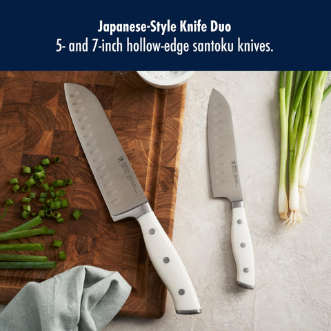 HENCKELS Forged Accent 7-inch Santoku blade for versatile chopping and dicing.
