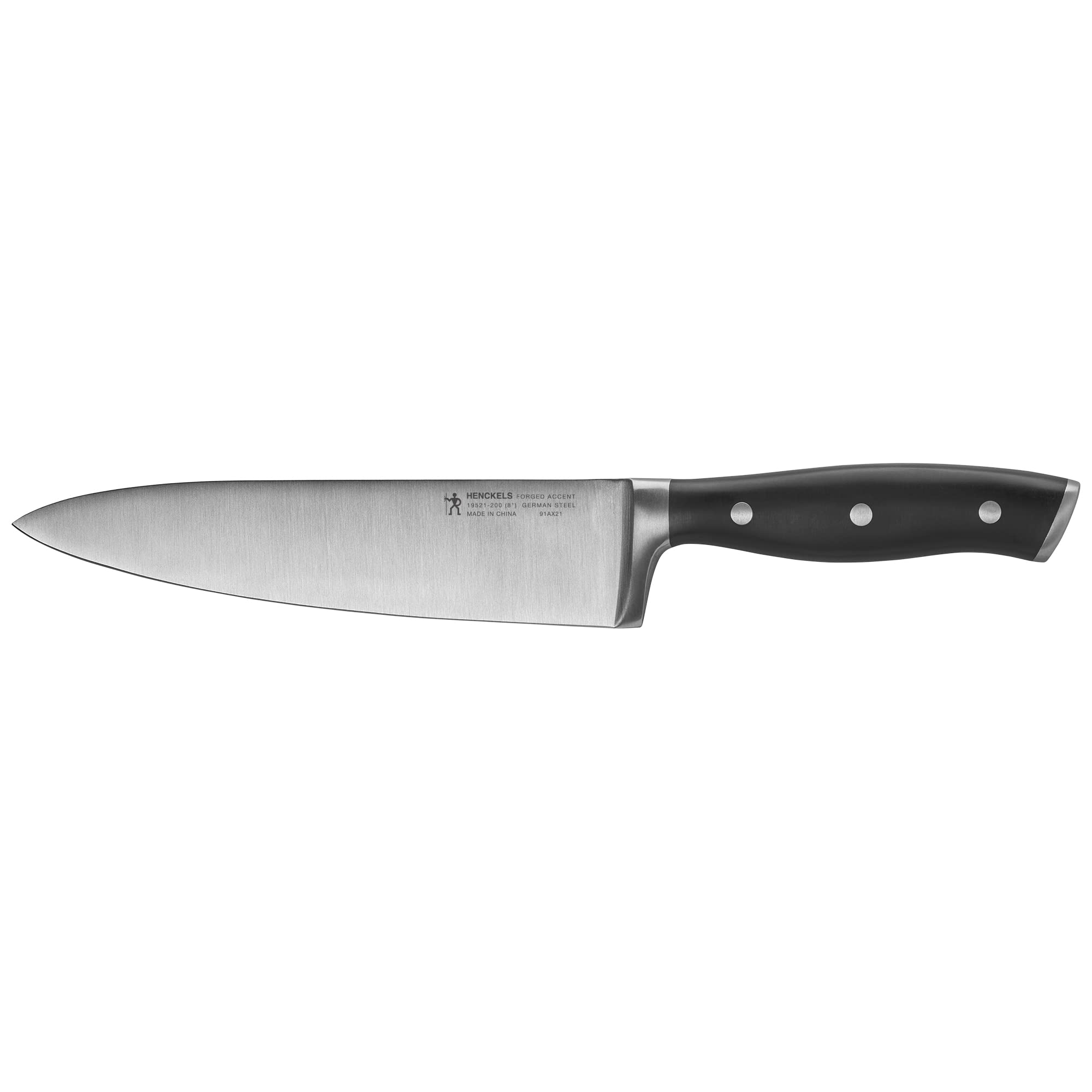 Henckels Forged Accent 8-inch Chef’s Knife blade close-up for precise slicing.