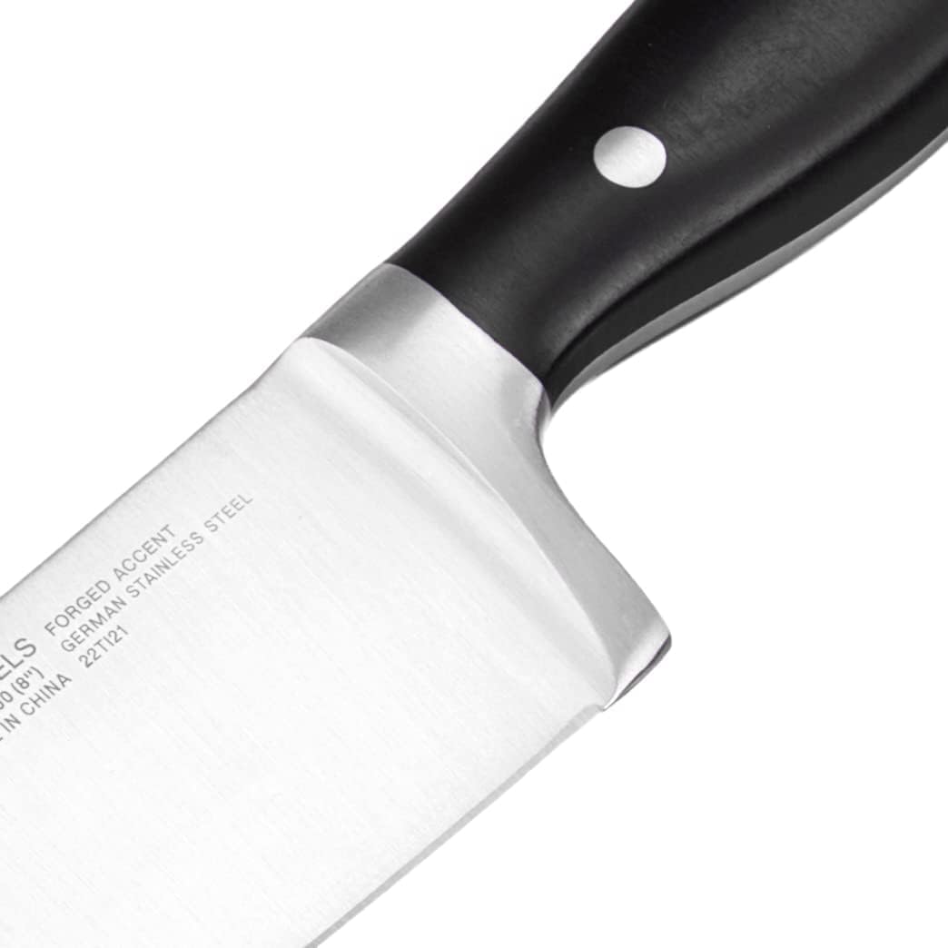 Henckels Forged Accent 8-inch knife with dishwasher-safe design and hand-wash care.