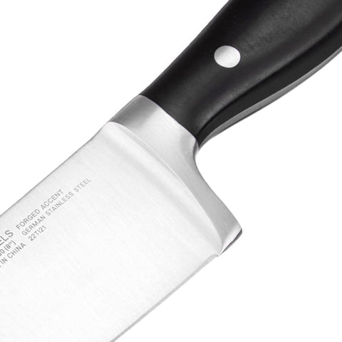 Henckels Forged Accent 8-inch knife with dishwasher-safe design and hand-wash care.