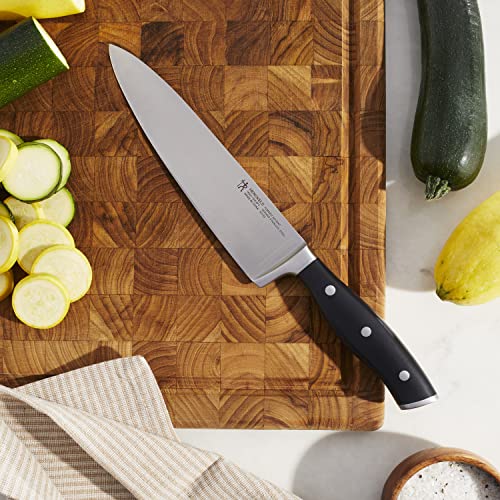Henckels Forged Accent 8-inch Knife ergonomic handle for comfortable prep.