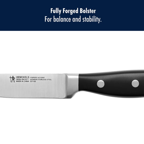 HENCKELS satin blade close-up shows razor-sharp precision.