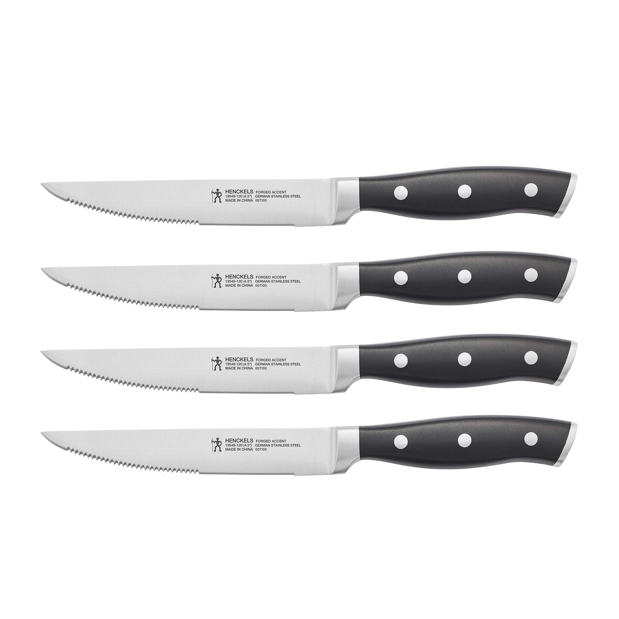 HENCKELS Forged Accent steak knife set in block display highlights premium durability for everyday meals.