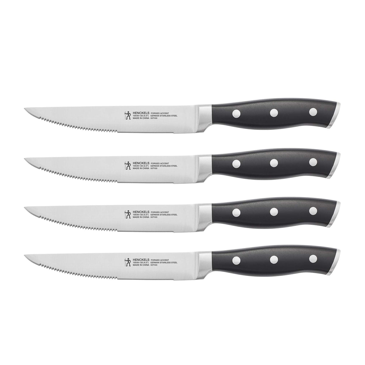 HENCKELS Forged Accent steak knife set in block display highlights premium durability for everyday meals.