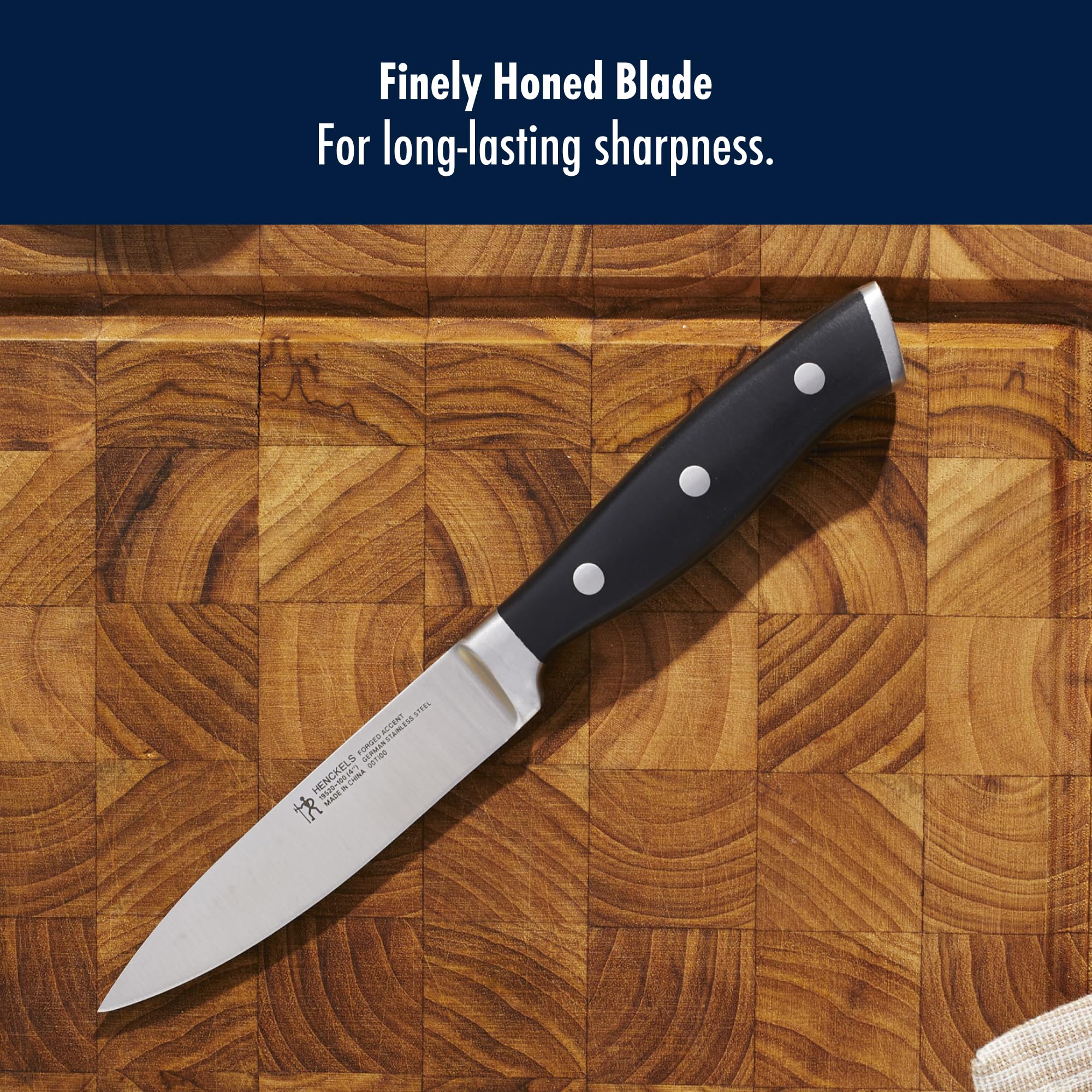 HENCKELS triple rivet handle delivers comfortable control during slicing.