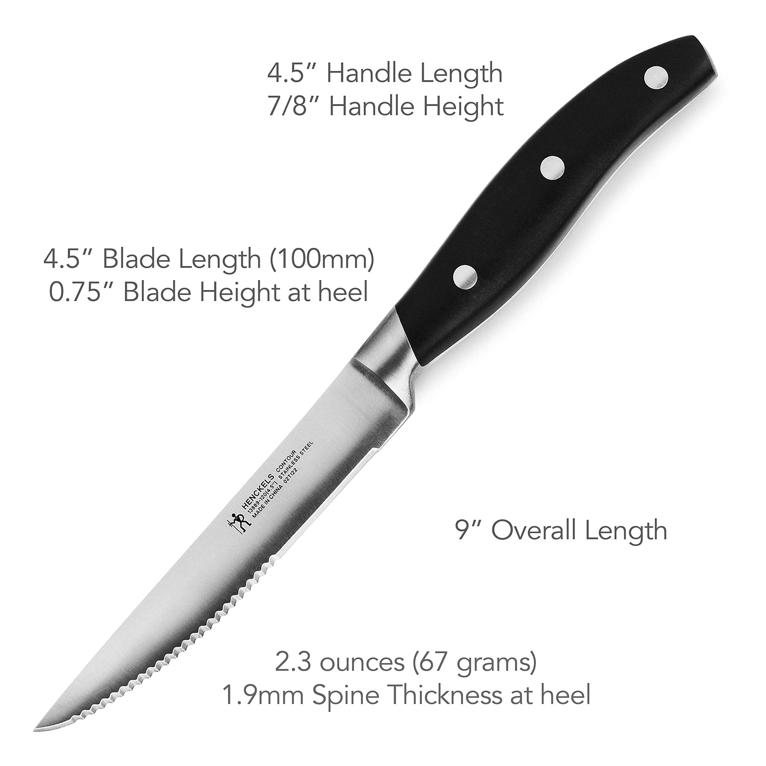 Henckels Forged Contour handle with 3 rivets for balanced control.