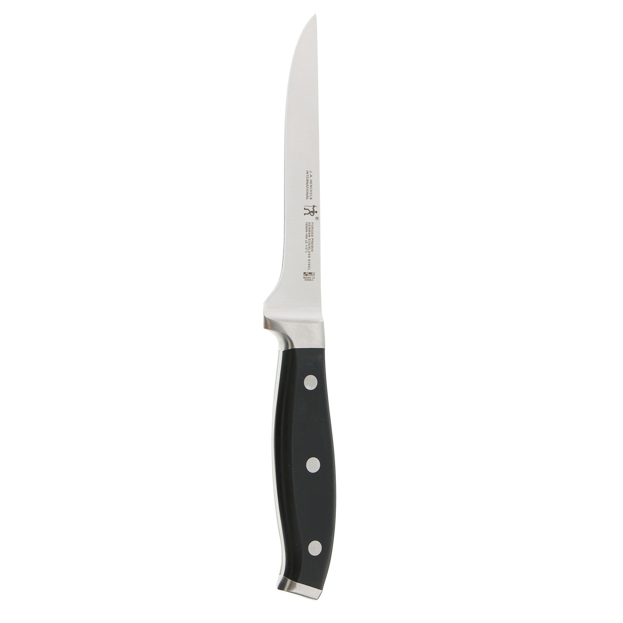Henckels Forged Premio boning knife blade close up showing precision edge for clean cuts