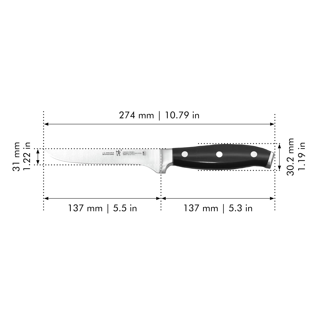 Henckels Forged Premio satin blade close up emphasizing sharpness and control