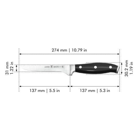 Henckels Forged Premio satin blade close up emphasizing sharpness and control