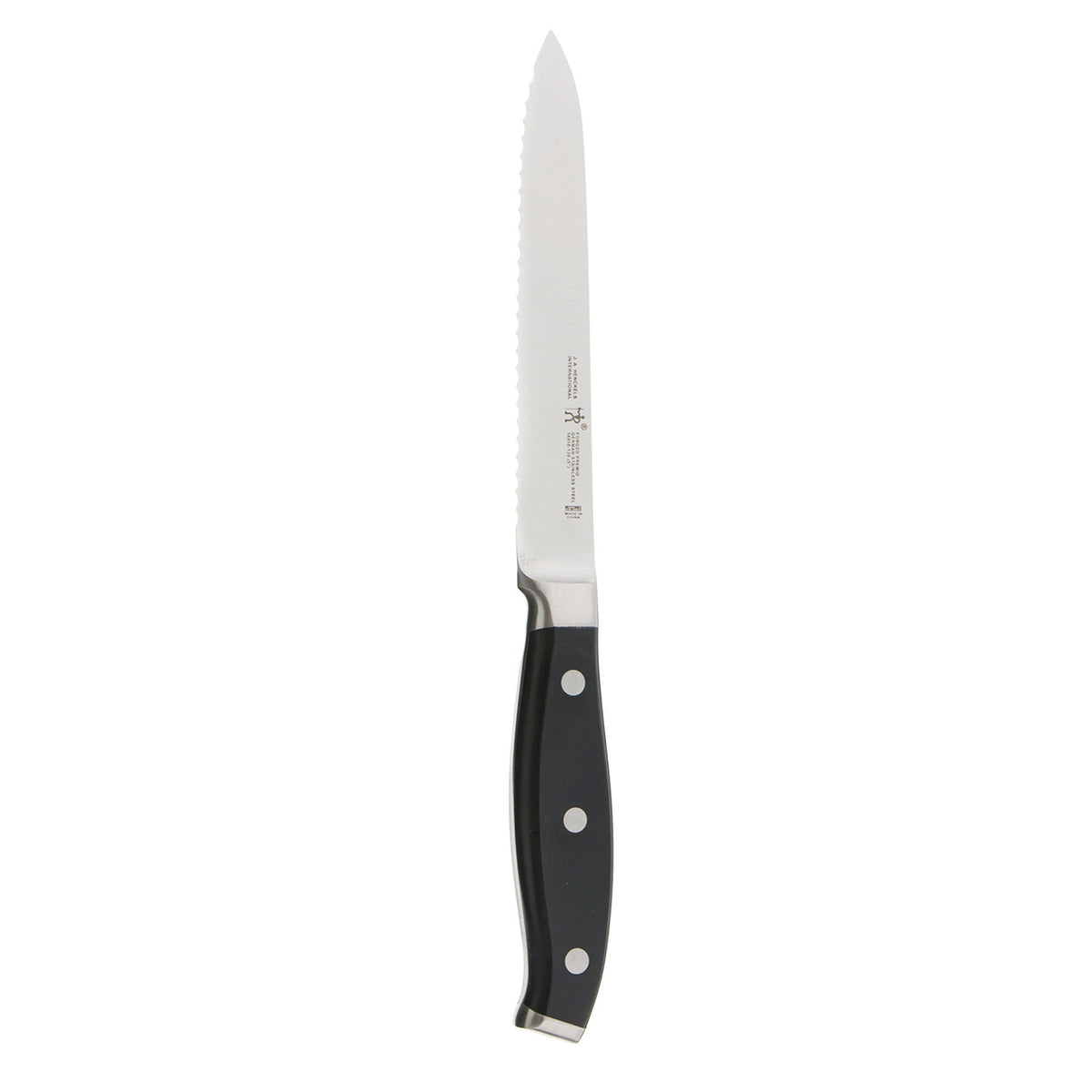 HENCKELS Forged Premio 5in serrated knife blade closeup for precise slicing