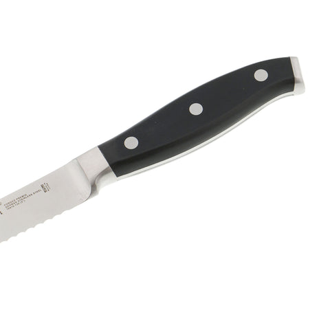 HENCKELS Forged Premio 5in serrated knife slicing tomato and cheese with ease