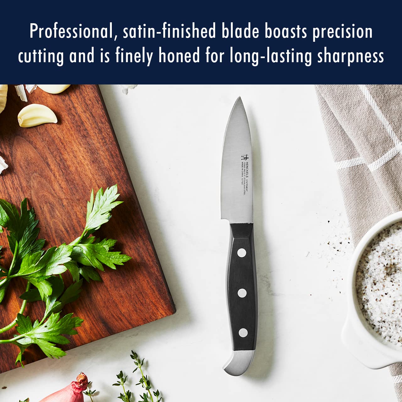 HENCKELS hardwood block offers sturdy knife storage.