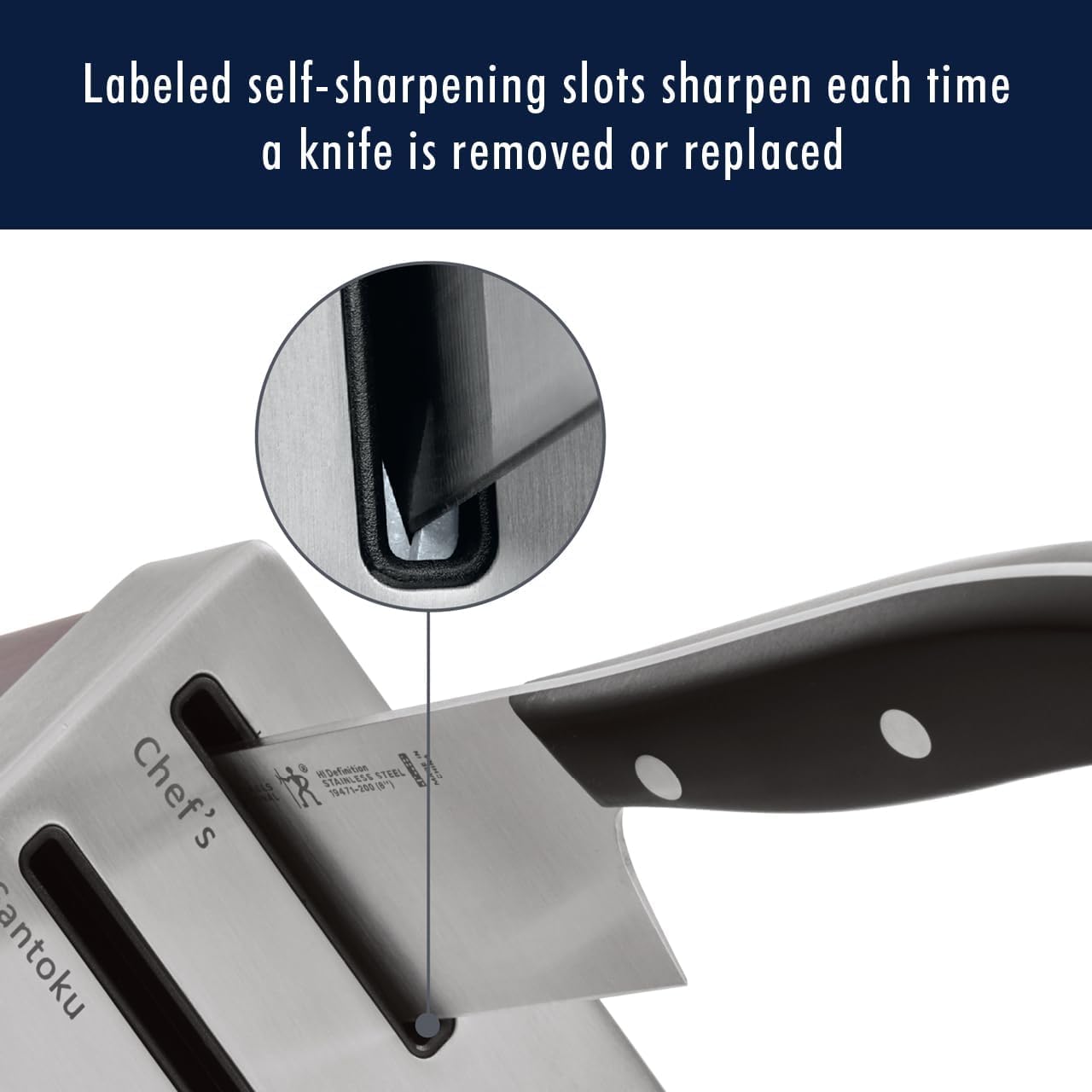 Henckels statement 6 steak knives lined up for precise slicing.