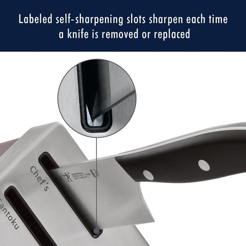 Henckels statement 6 steak knives lined up for precise slicing.