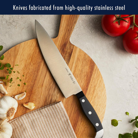 Henckels ergonomic triple-rivet handles offer comfortable, fatigue-free cutting.