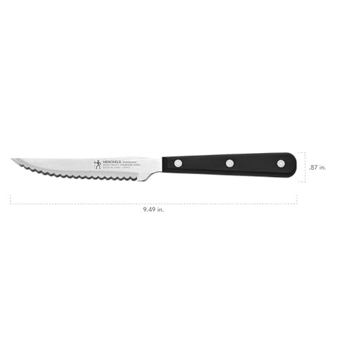 Henckels serrated blade close-up for long-lasting sharpness.