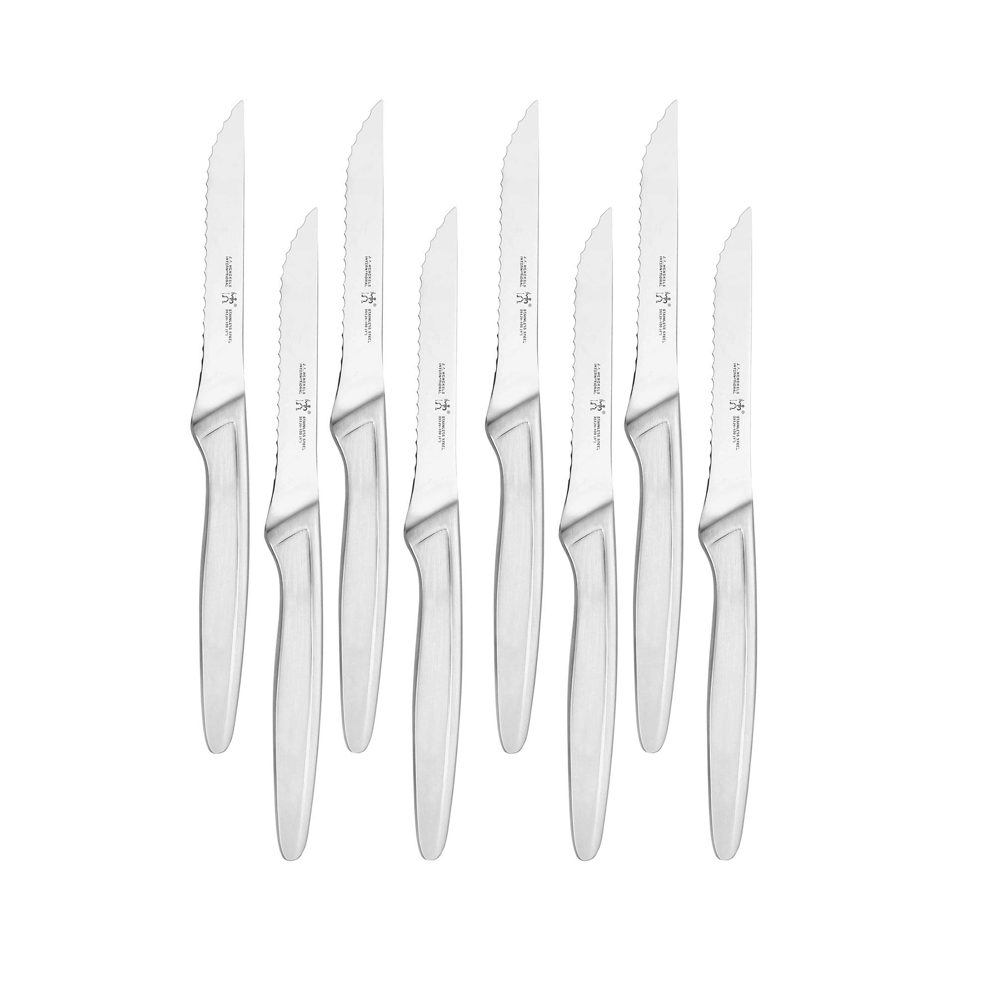 Henckels razor-sharp steak knives close-up showing precision blades for clean cuts.