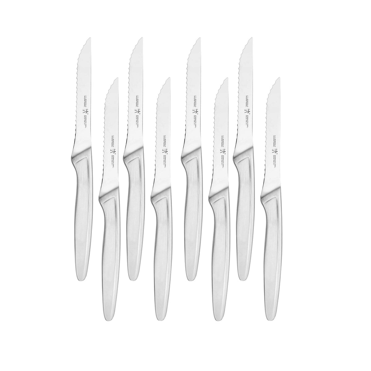 Henckels razor-sharp steak knives close-up showing precision blades for clean cuts.