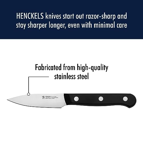 Henckels Solution 5.5-inch prep knife for quick slicing and mincing on boards.