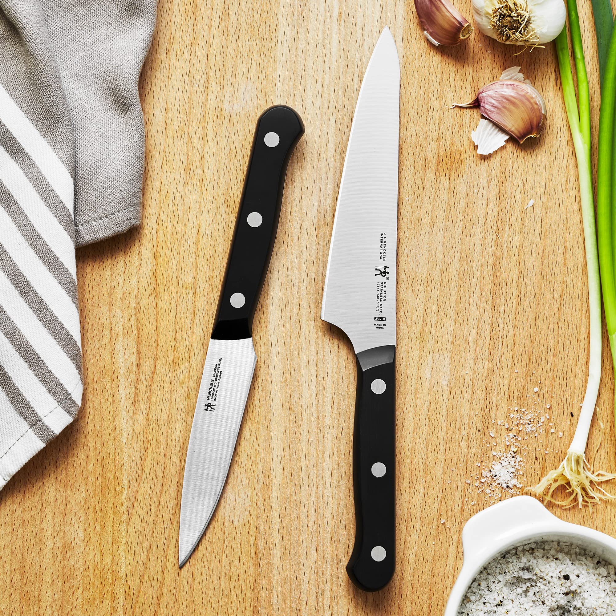 Henckels Solution dishwasher-safe blades simplify cleanup after meal prep.