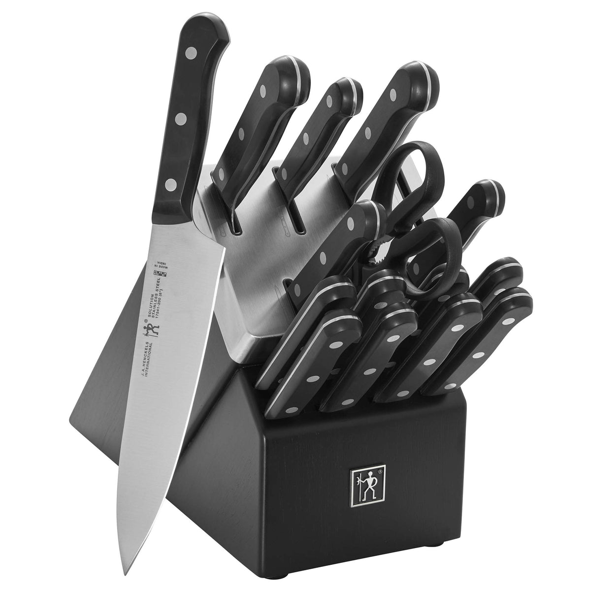 HENCKELS Solution knife block with knives keeps kitchen organized and ready for prep.