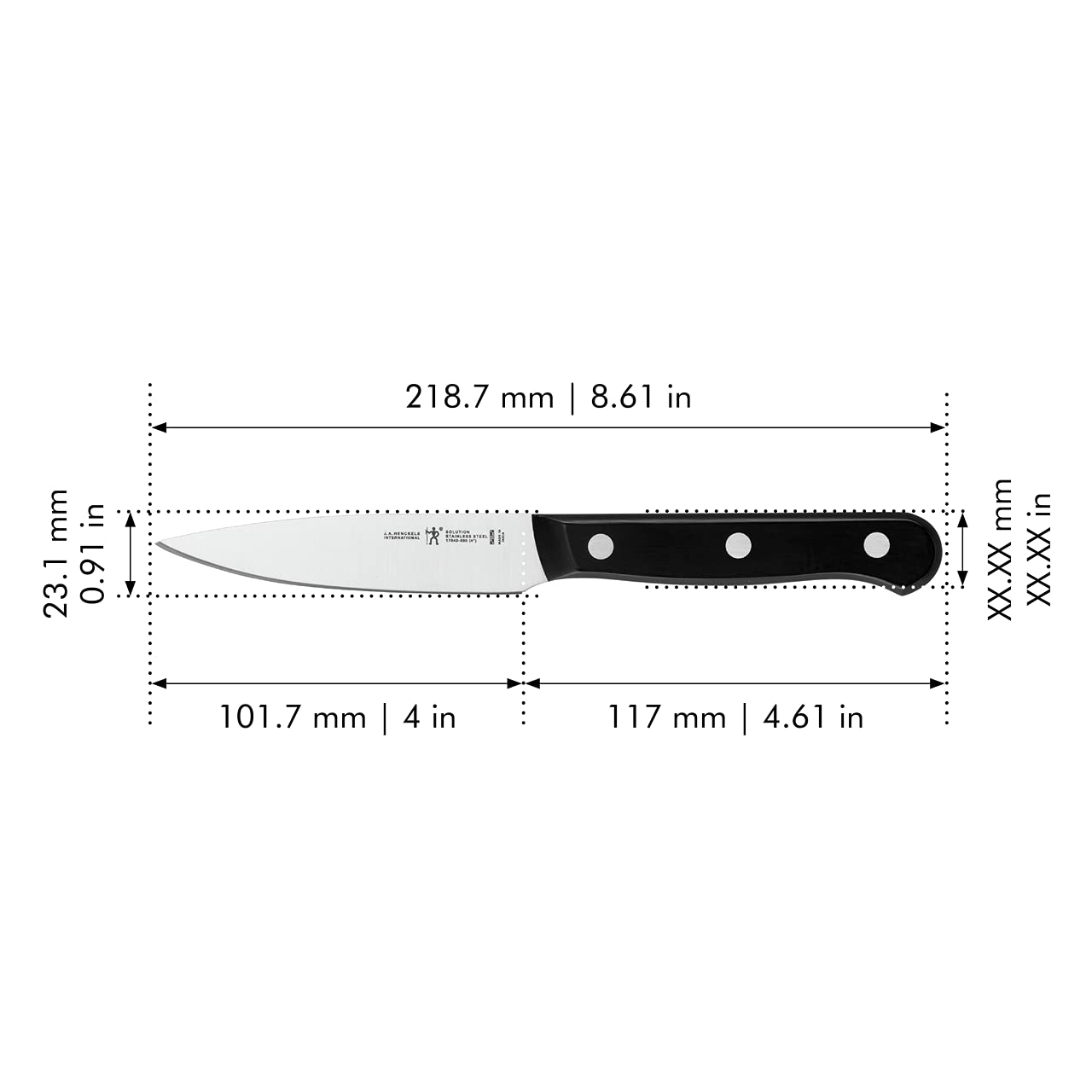 Henckels ergonomic triple-rivets handle offers comfortable control during prep.