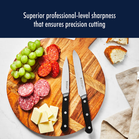 Henckels precision-stamped blade delivers consistent cuts on fruits, vegetables, and meats.