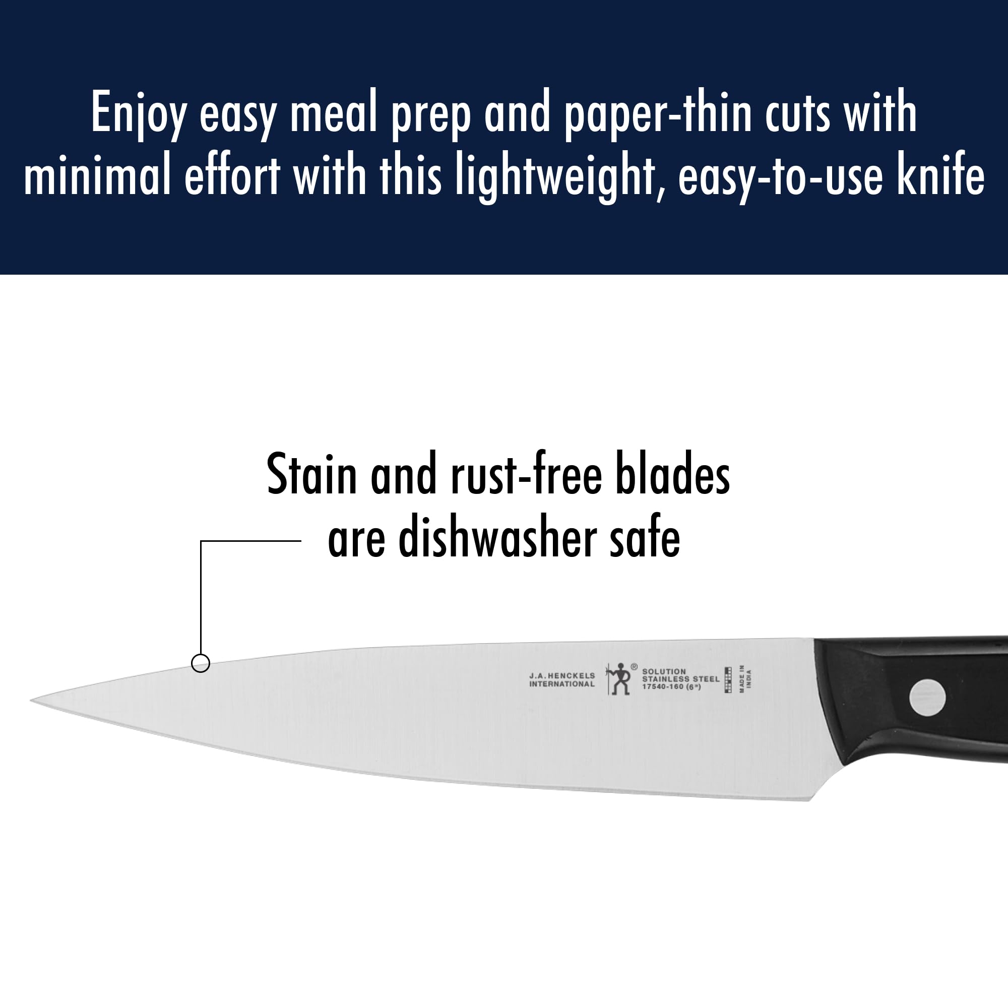 HENCKELS triple-rivet ergonomic handle provides secure grip during slicing