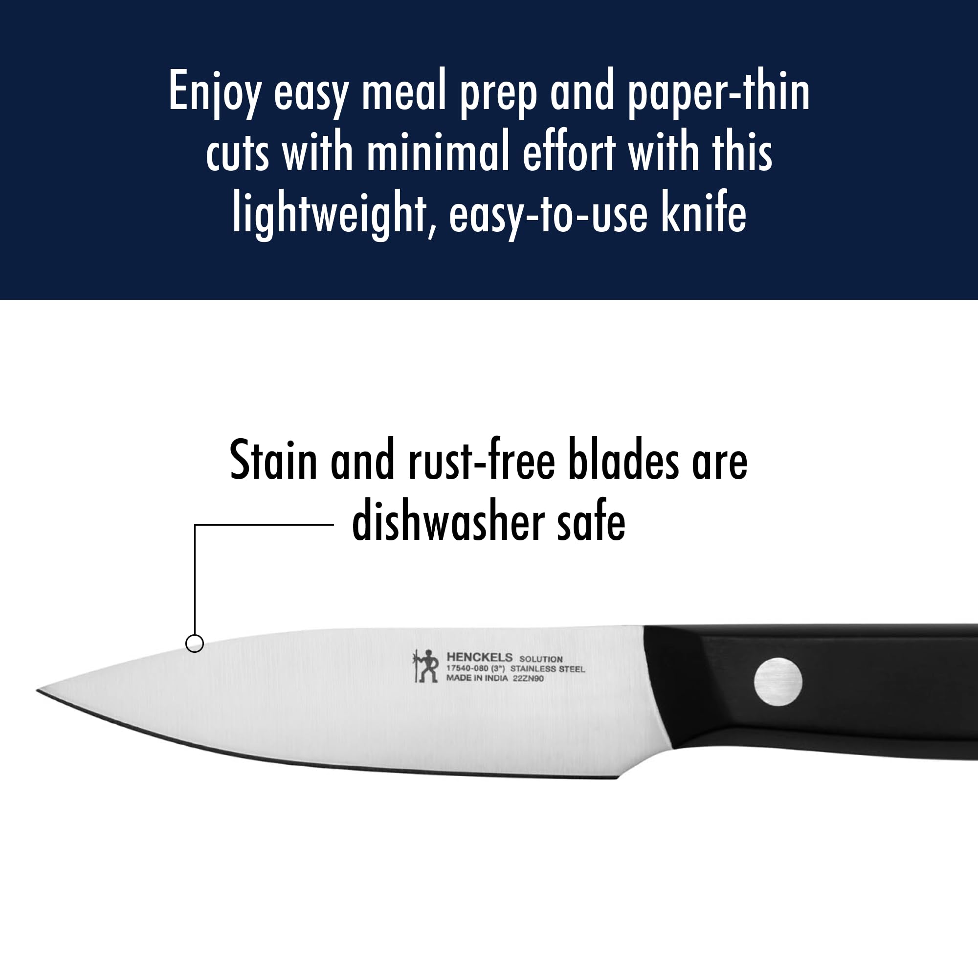 Henckels Solution triple-rivet ergonomic handle for comfortable, controlled cutting.