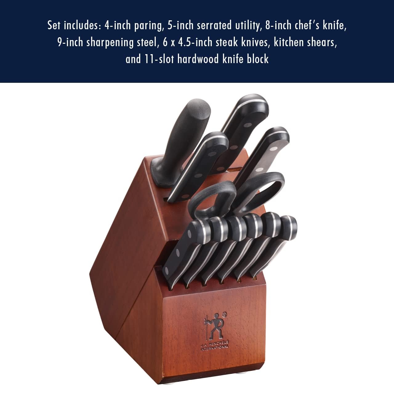 HENCKELS walnut block knife block for neat blade organization.