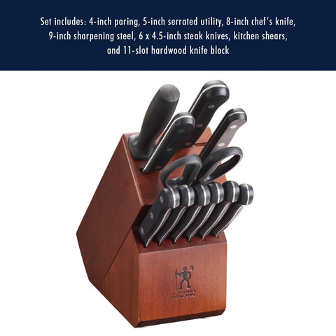 HENCKELS walnut block knife block for neat blade organization.