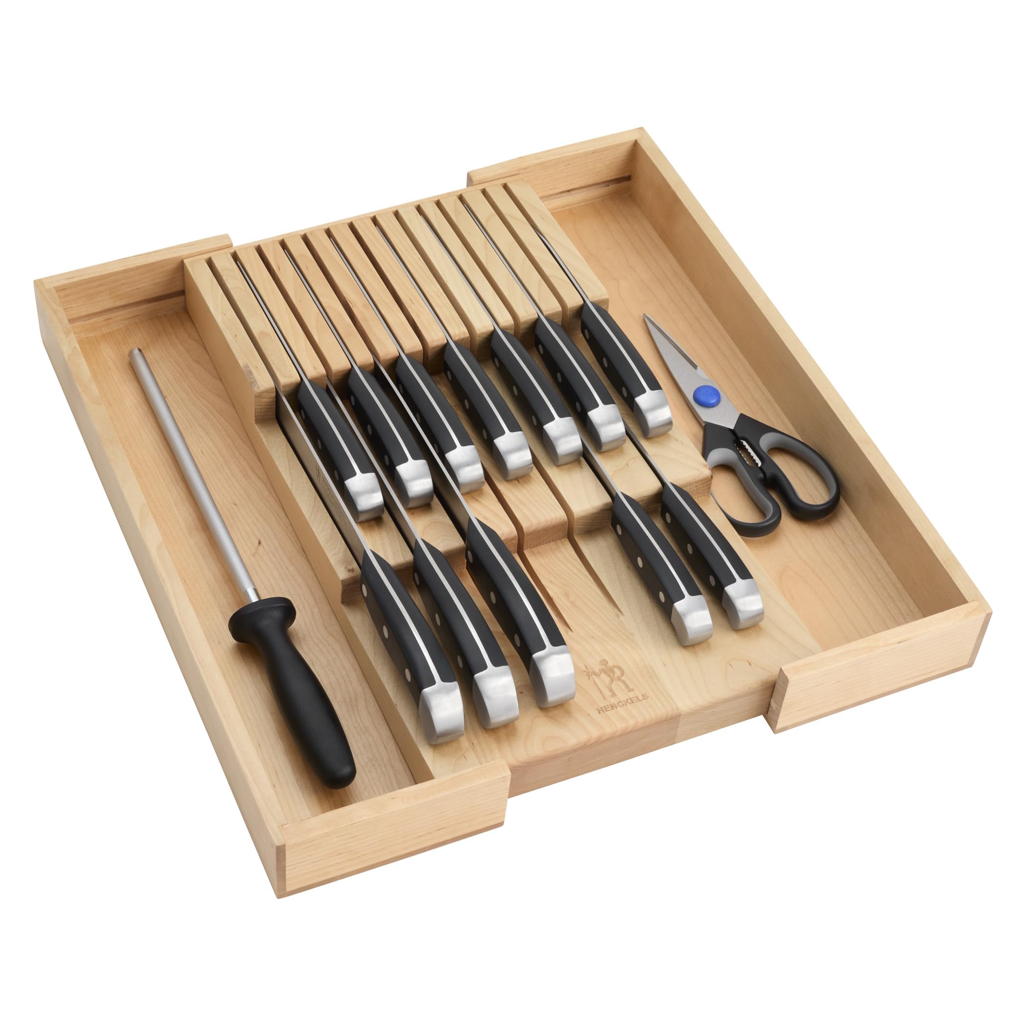 Henckels Statement 15-piece set in-drawer tray for organized, accessible kitchen storage.