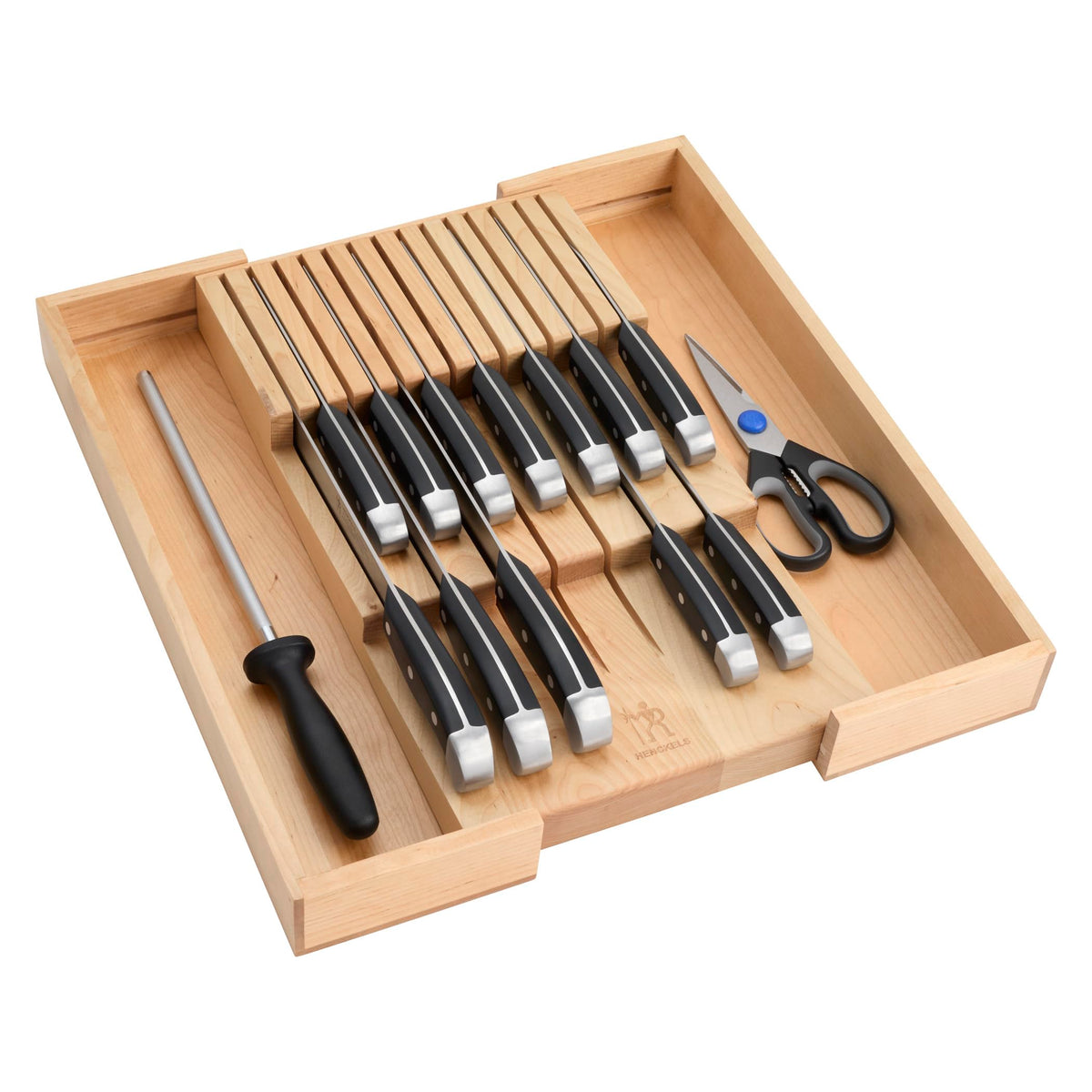 Henckels Statement 15-piece set in-drawer tray for organized, accessible kitchen storage.