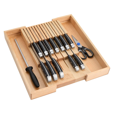 Henckels Statement 15-piece set in-drawer tray for organized, accessible kitchen storage.