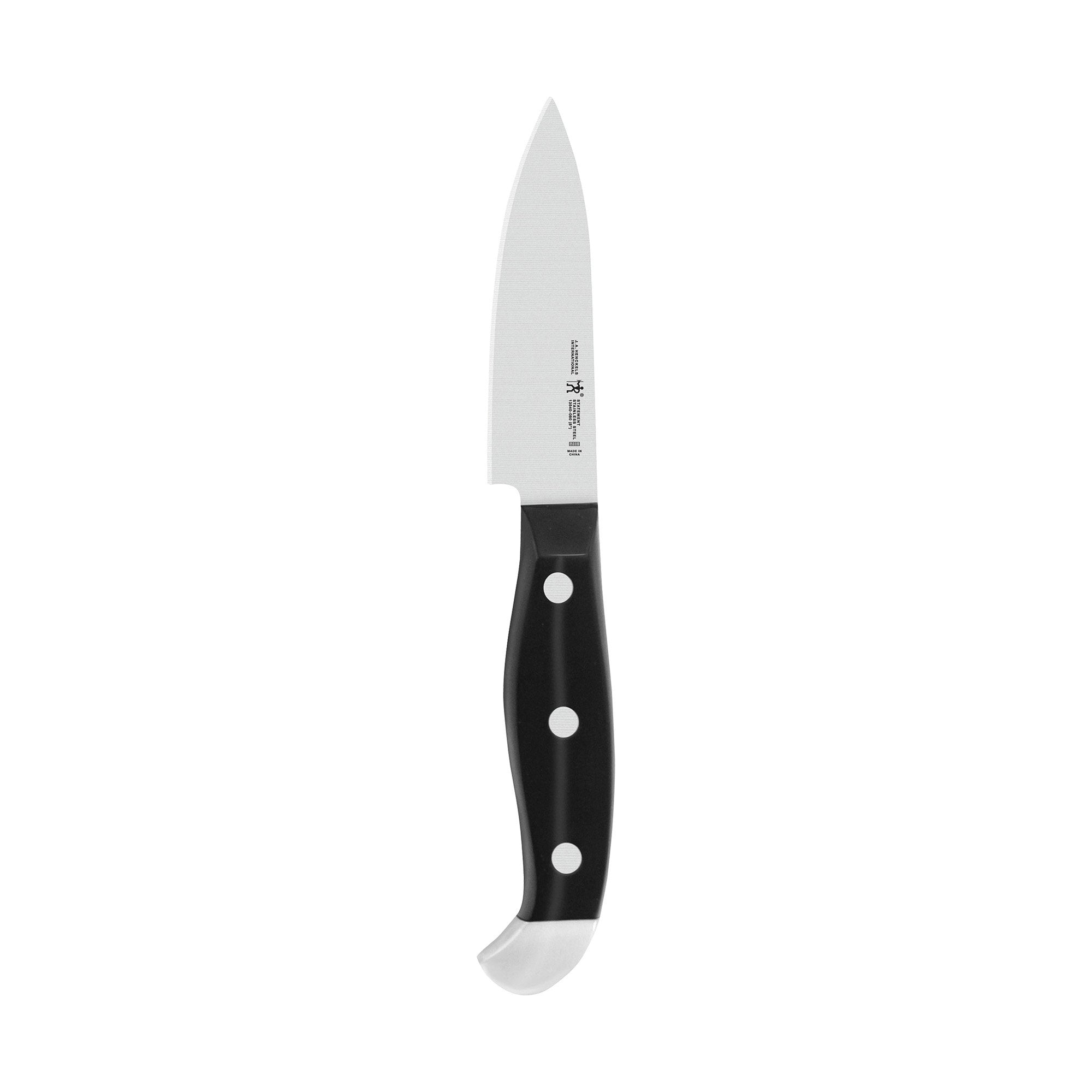Henckels Statement paring knife blade close-up with ultra-sharp edge for precise cuts.