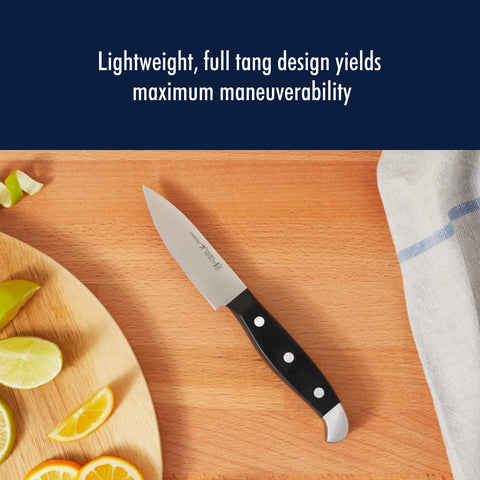 Henckels Statement paring knife shown dishwasher-safe for quick cleanup.