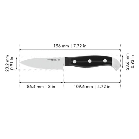 Henckels Statement paring knife edge detail highlights long-lasting precision.