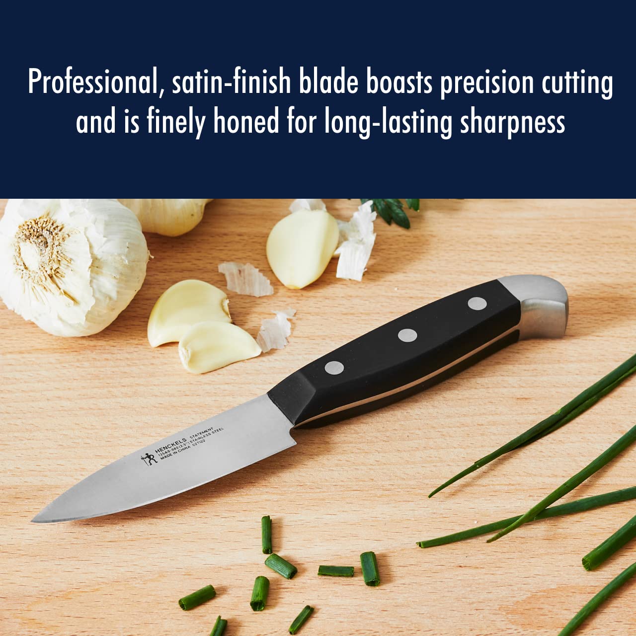 Henckels Statement paring knife stainless steel blade resists stains and rust.
