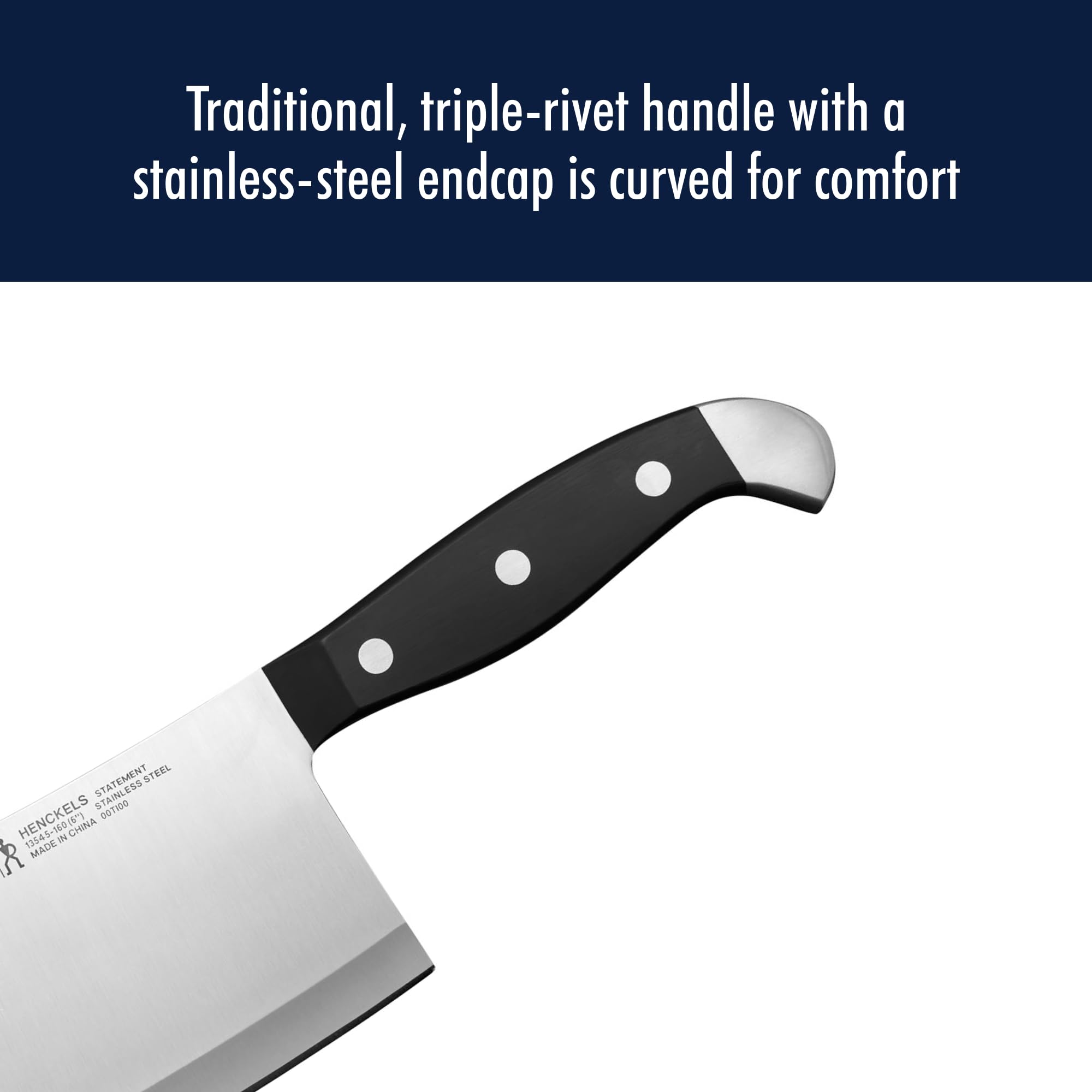 Henckels Statement bone cutting cleaver demonstrates rugged cutting edge.