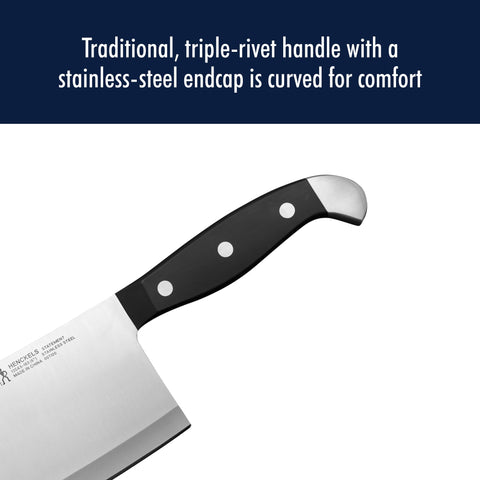 Henckels Statement bone cutting cleaver demonstrates rugged cutting edge.