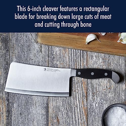 Henckels Statement cleaver blade close-up showing sharp, durable edge.