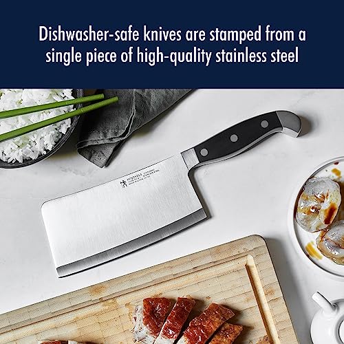 Henckels Statement meat cleaver with triple-rivet handle for balanced control.