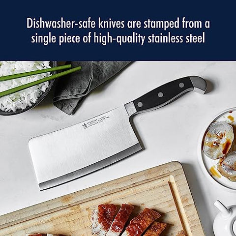 Henckels Statement meat cleaver with triple-rivet handle for balanced control.