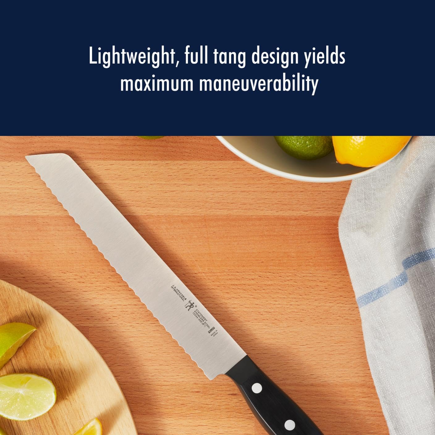 Henckels Statement blade stays stain-free and rust-resistant.