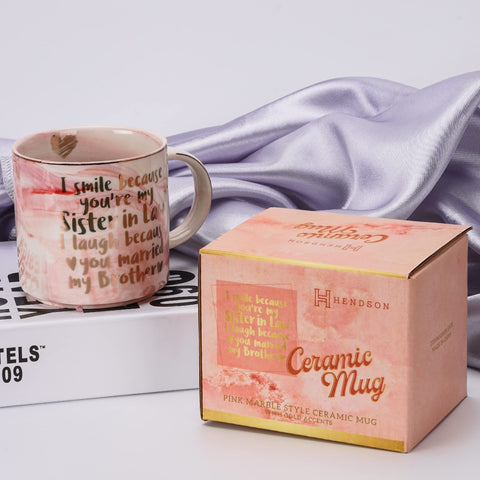 Hendson pink marble mug in luxe gift box, ideal for weddings or engagements.
